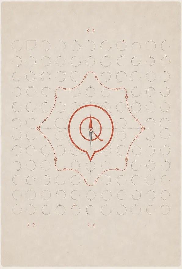 Fine fractures move through a code map around a compass inside a dialogue bubble.