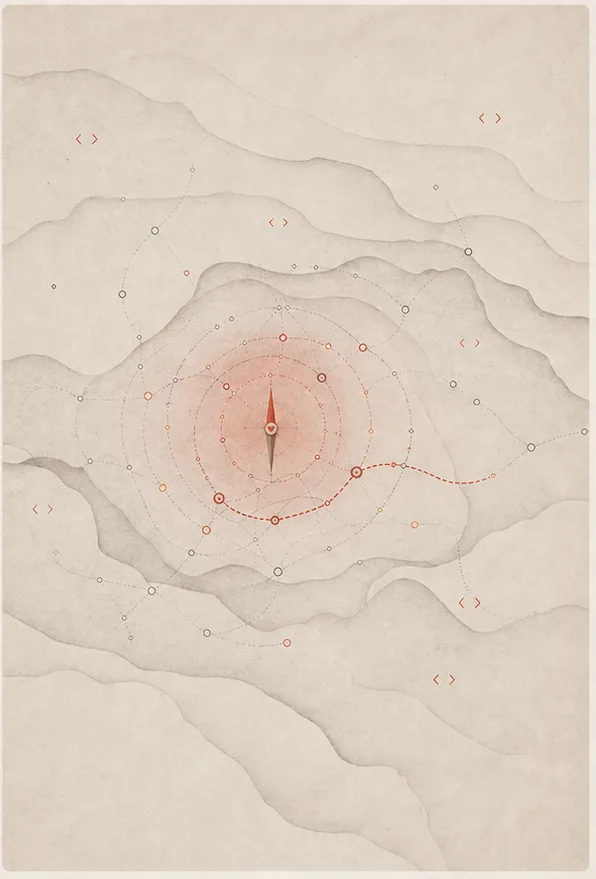 A subtle red signal emerges through layers of pale paper around a compass.
