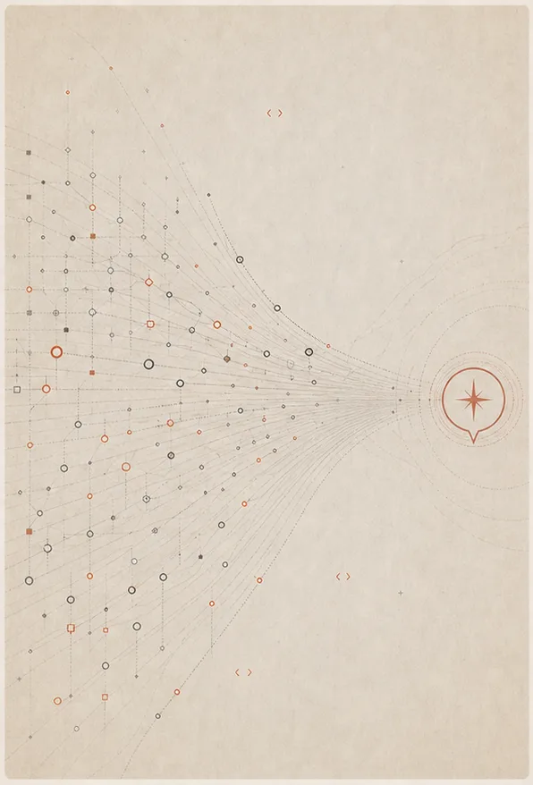 Many analytic paths converge on an open dialogue mark, leaving room for human context and judgment.