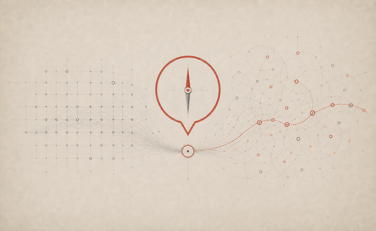 A human-centred dialogue compass stands between a measured grid and a changing field of possible paths.