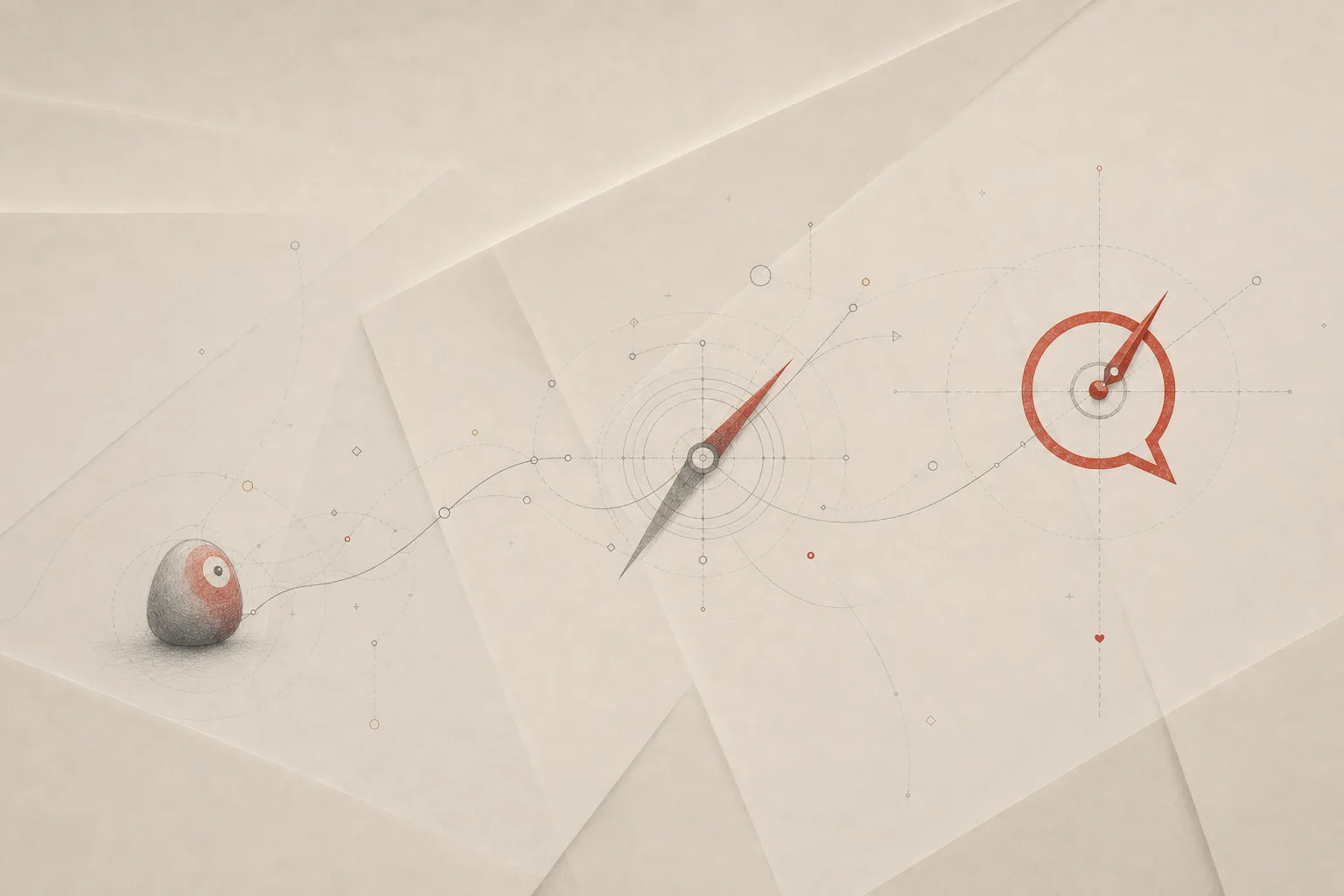 A small focus mark leads through a connected field toward a compass and dialogue bubble.