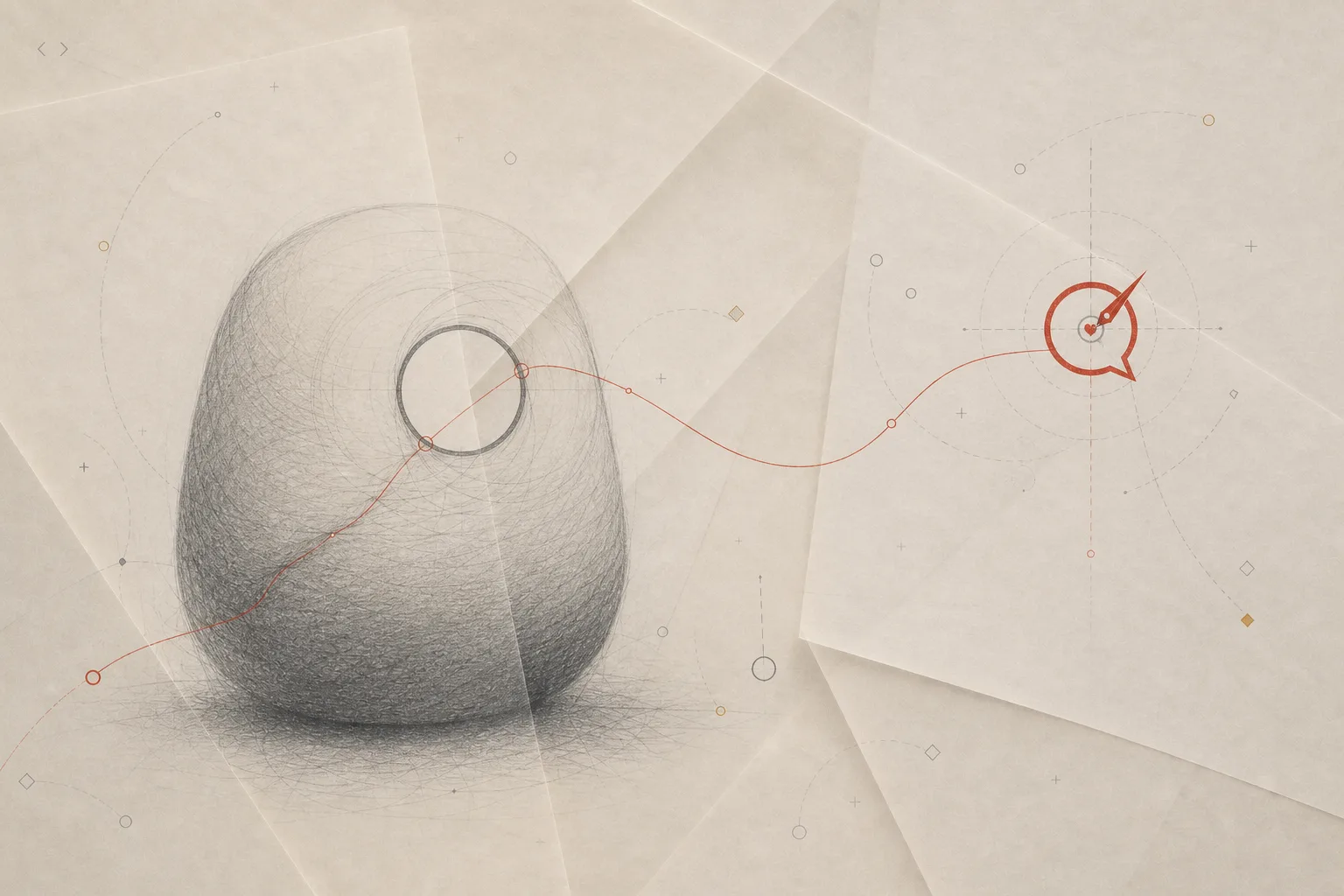 A weighted abstract form is crossed by one careful red path leading toward a compass dialogue mark.