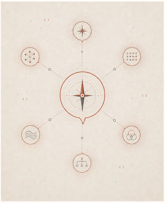 A central compass dialogue connects six quiet dimensions of a code-quality system.