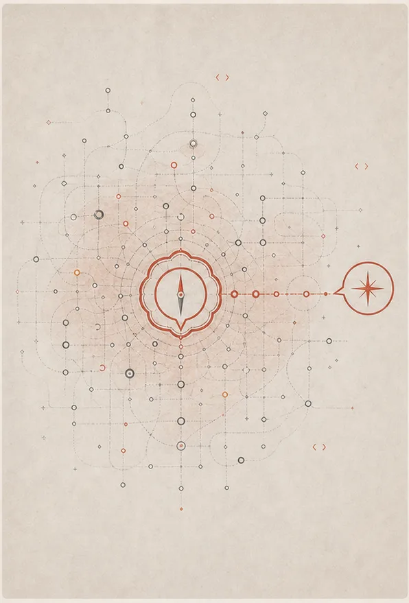 A self-contained compass dialogue sits within a dense but local field of paths and nodes.