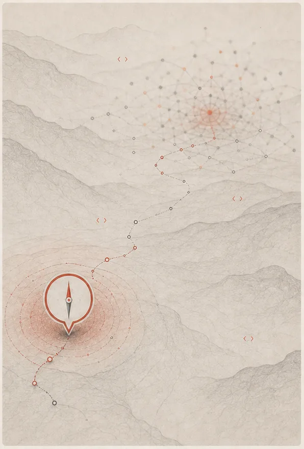 A small local compass leads through a quiet landscape toward distant complexity.