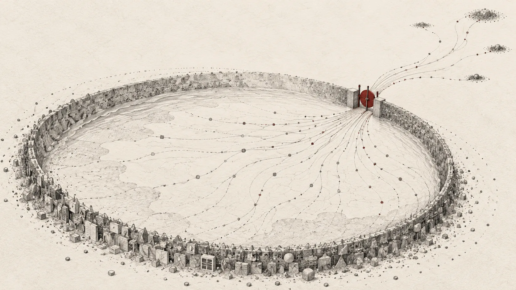 A drained circular moat walled with accumulated human work, its contents flowing out through a single red meter to three small piles beyond.