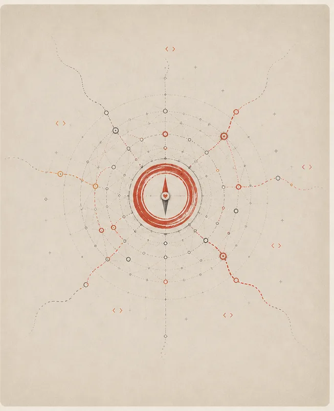 A local compass dialogue marks a stable centre within a web of routes extending beyond the page.