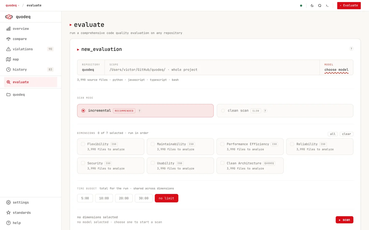 The Evaluate page: repository and model, scan mode, the dimension cards to select, and the time budget