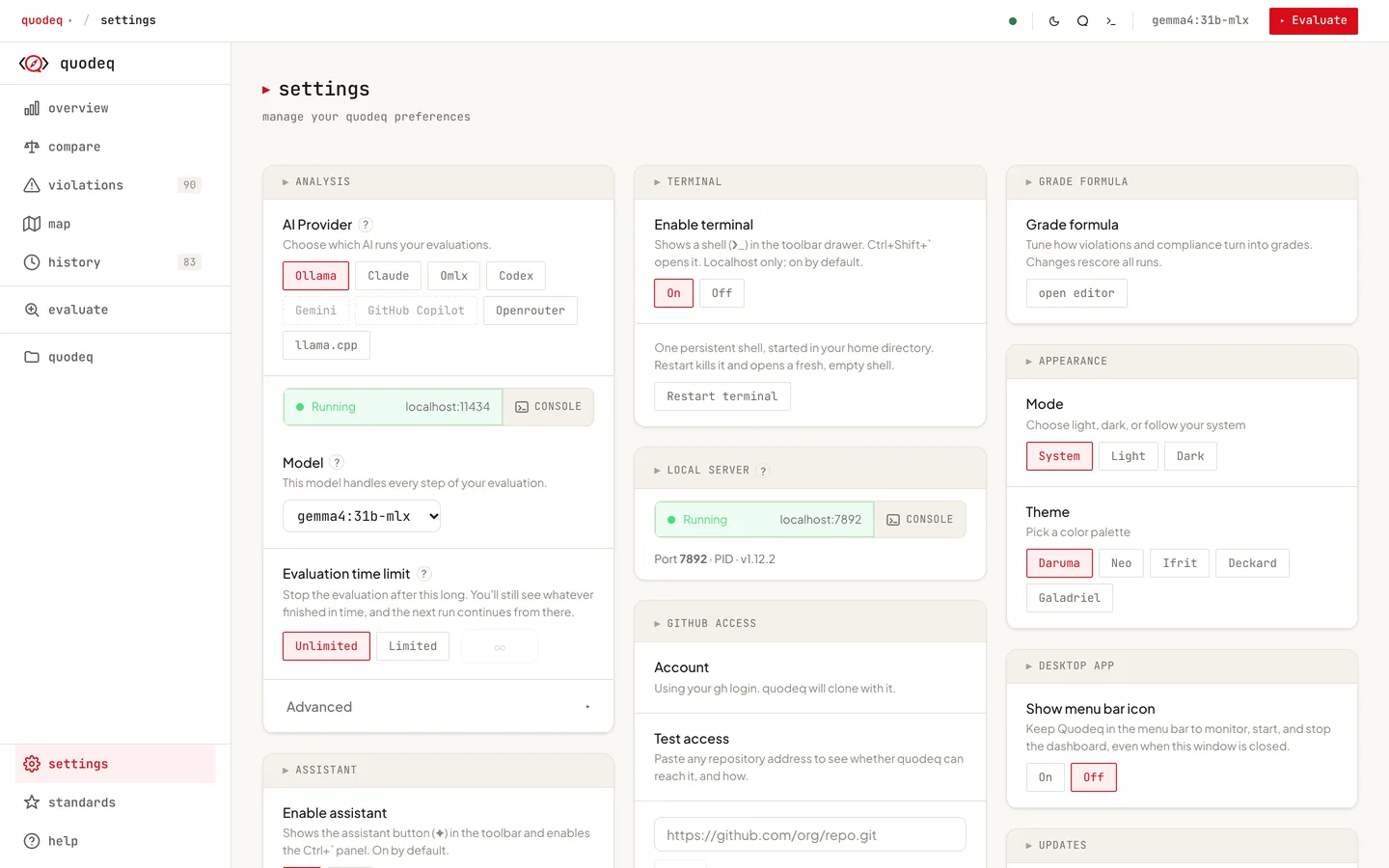 The Settings page: provider and model, terminal, appearance, git access and the grade formula entry