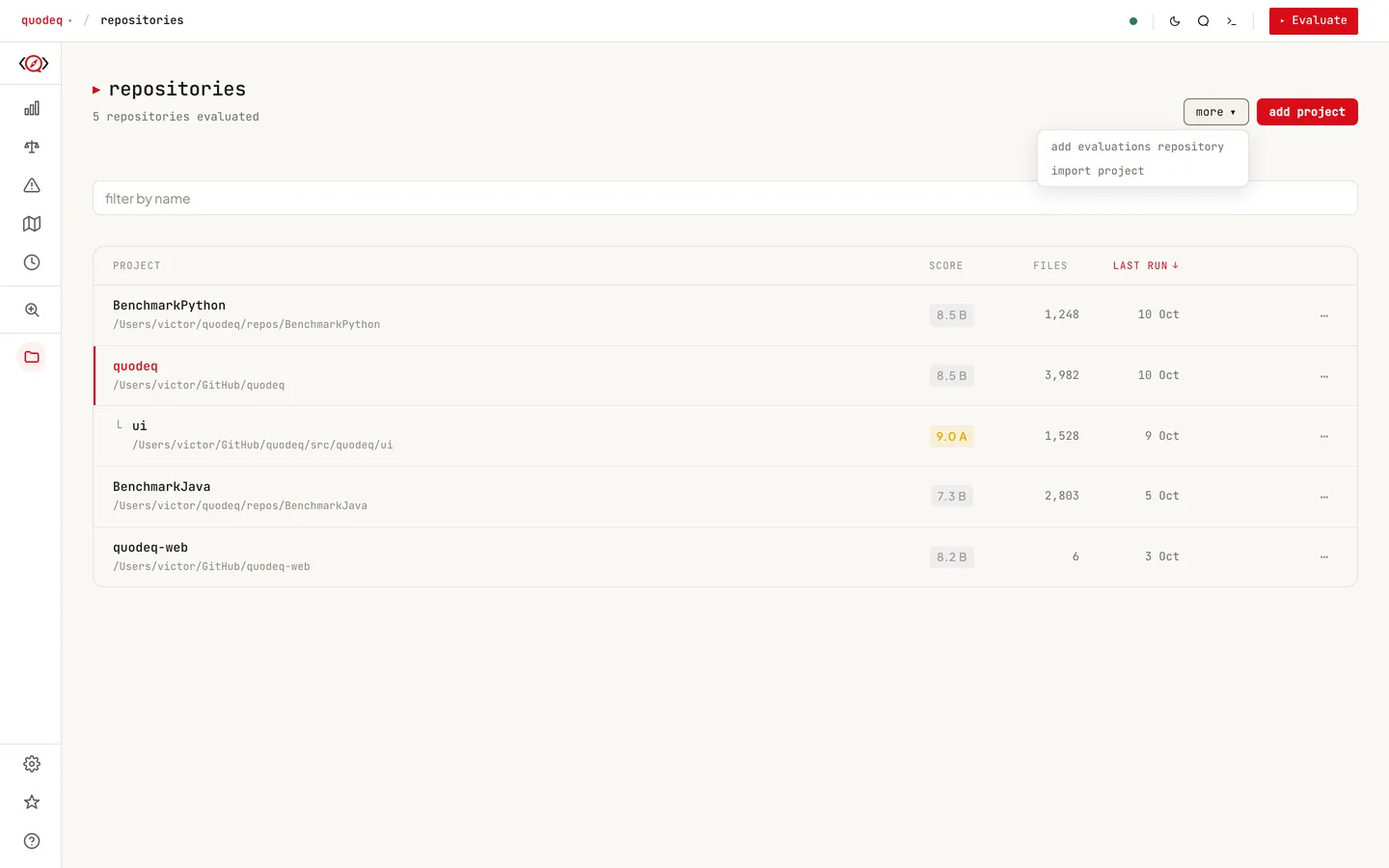 The Repositories tab with the more menu open on add evaluations repository