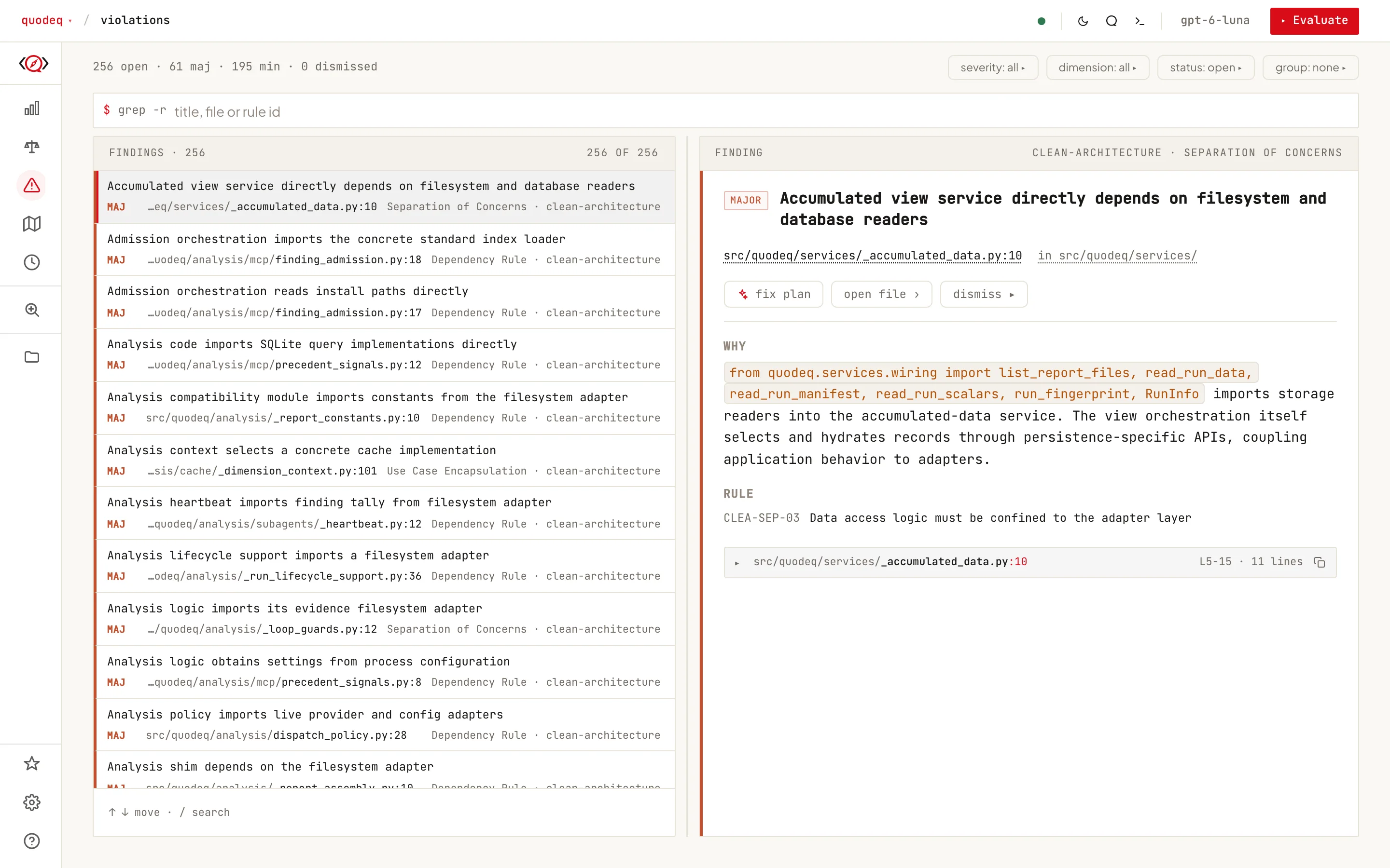 A finding with its evidence and the choices: fix plan, open file, dismiss