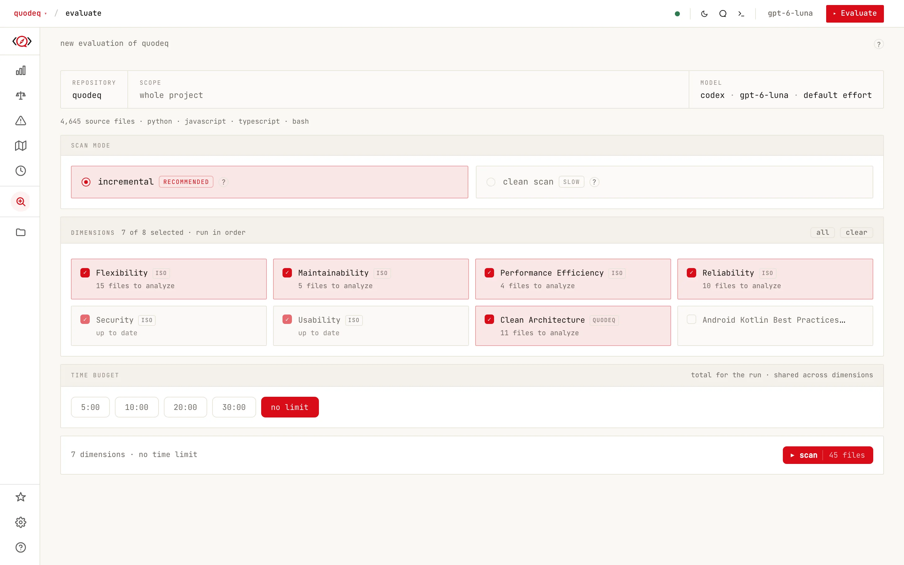 The Evaluate screen: quodeq, the whole project, Codex with gpt-6-luna, seven dimensions selected